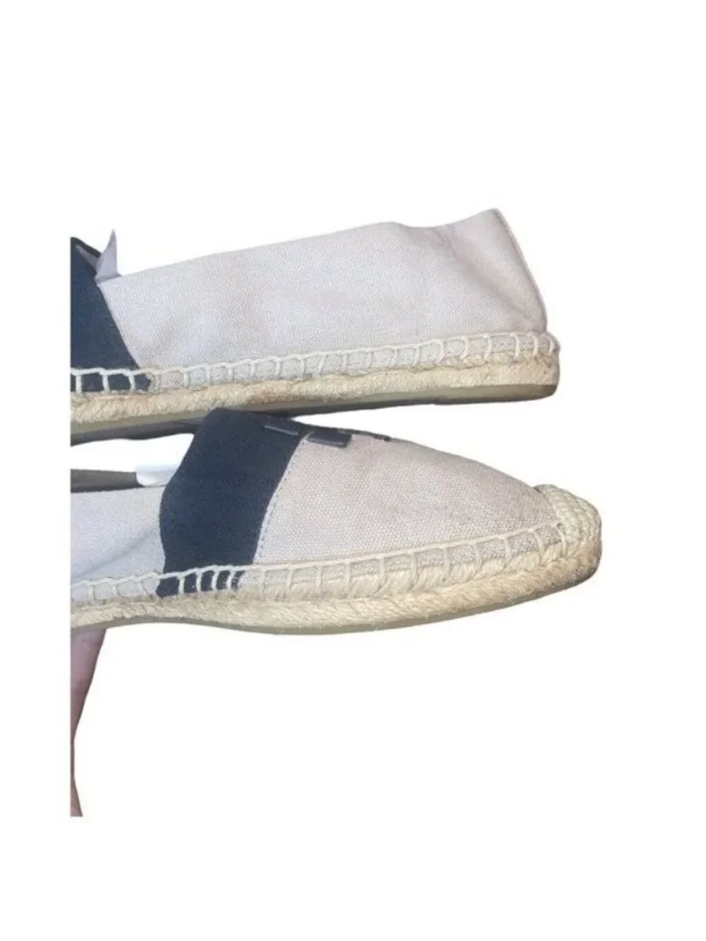 Tory Burch Weston Flat Espadrille Natural Canvas Black/Beige Logo Shoes Size 9